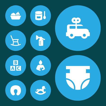 Set of 10 baby icons set. collection of diaper, clockwork car, nursing pillow and other elements.