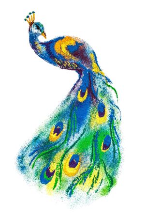 colorful peacock bird rangoli made of handmade soil colors isolated
