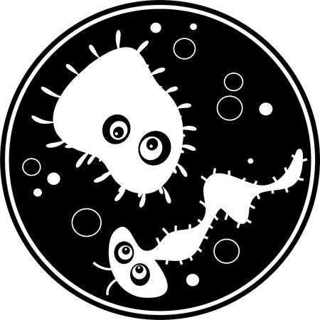 Isolated black and white cartoon drawing of bacteria bugs floating in a petri dish