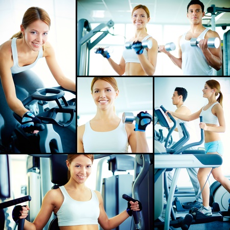 Collage of pretty girl and young guy training on sport facilities in gym