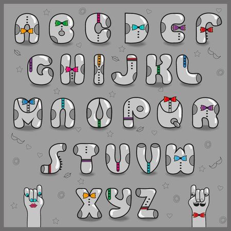 流行に敏感なアルファベット ビンテージの功妙なフォントです 服を着ての手紙 レトロな形 カラフルなネクタイとグレーの記号を漫画します お互いを見て手を漫画します イラスト の写真素材 画像素材 Image