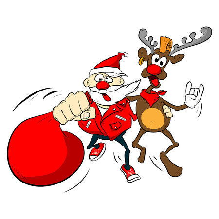 Santa claus, reindeer isolated. Vector cartoon illustration. Comics style. Colored crazy, rock, drunk, funny, punk character with gift