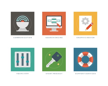 ビジネス フラットなデザインのアイコンは 衛星通信 検索エンジン グラフィック デザイン イコライザー スタート プロジェクト サポート サービス ウェブサイトやプロモーション バナーのベクトル イラスト のイラスト素材 ベクタ Image