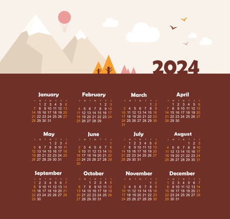 Calendar 2024 year with mountain landscape color vector template week starts on sunday basic grid ready design