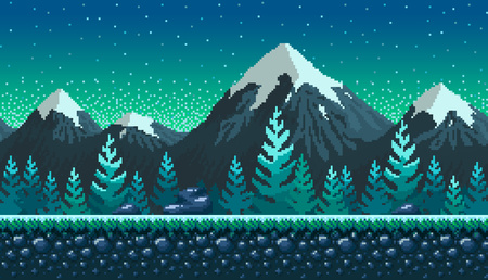 ピクセル アートのシームレスな背景 夜の雪山と場所 ゲームやアプリケーションのための風景 のイラスト素材 ベクタ Image ピクセル アートのシームレスな背景 夜の雪山と場所 ゲームやアプリケーションのための風景 のイラスト素材 ベクタ Image