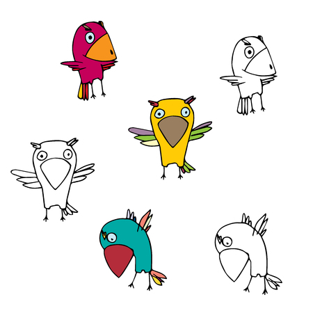 カラフルな円の鳥のセットです 黒のアウトラインの手で 3 つの羽をつけられた動物は イラストを描かれています いたずら書き文字はオウムの簡単 なフォームです さまざまなポーズでカラフルな小鳥のイラスト素材 ベクタ Image