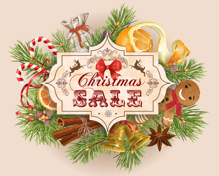 Christmas sale vintage with traditional decoration, Christmas tree branches and sweets. Design for any kind of products. Best for clothes, sweets, chocolate, cosmetics, tea and coffee. - 64575813