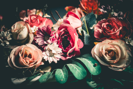 Close up colorful bunch of beautiful flowers.Vintage or retro tone. Фото со стока