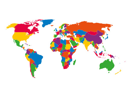 multi colored blank political vector map of world with national borders of countries on white