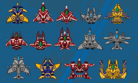 容量トップダウンシューティング ゲームを作成するための様々 な宇宙船のコレクションのイラスト素材 ベクタ Image