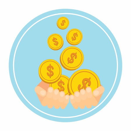 dolar: Hand holds gold coin dolar. Icons payment and banking services. Flat vector cartoon illustration. Objects isolated on a white background. Hình minh hoạ