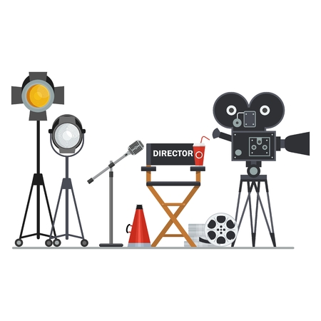 film directors chair with megaphone projector camera and clapboard