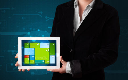 dolar: Young lady holding tablet with modern software operational system