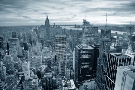 New york city skyline black and white with urban skyscrapers at sunset