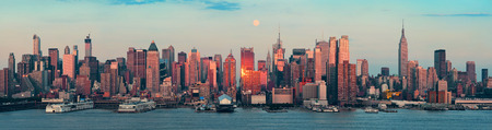 New york city skyscrapers urban view at sunset and moon rise