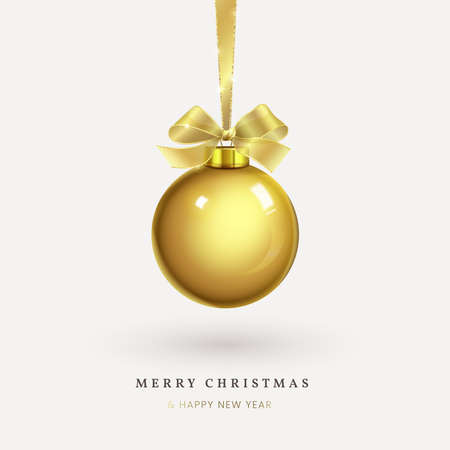 Hanging a golden christmas ball with a bow Ilustrações vetoriais