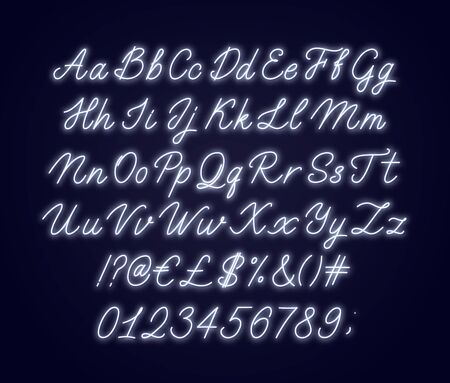 ネオンホワイトスクリプトアルファベット。文字、数字、特殊文字