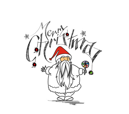 メリークリスマス 白い背景を持つ面白いサンタ クロースを保持しているキャンディの描画スタイル手スケッチ漫画 ベクトル イラストのイラスト素材 ベクタ Image