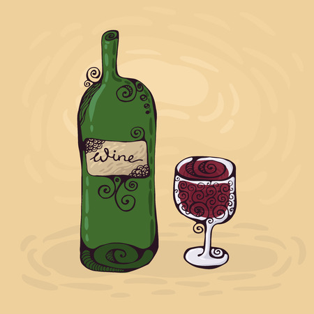 ワイングラスとワインのボトルの手描きイラスト のイラスト素材 ベクタ Image