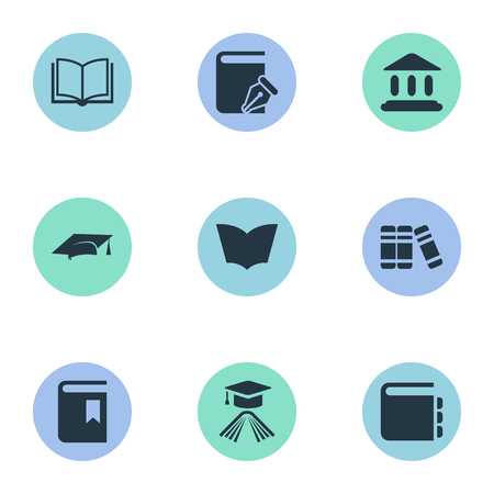 簡単な書籍のアイコンのベクトル イラスト セット 要素ノート 仕訳帳 ペンと他の類義語ドキュメント教科書と帽子 のイラスト素材 ベクタ Image