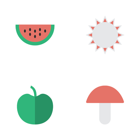 Vector Illustration Set Of Simple Gardening Icons. Elements Fruit, Melon, Fungus And Other Synonyms Apple, Fungus And Boletus.