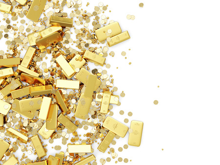 Gold coin: Heap của Treasure Vàng Bars, đồng xu và vàng miếng bị cô lập trên nền trắng Business tài chính Khái niệm với nơi cho Text của bạn