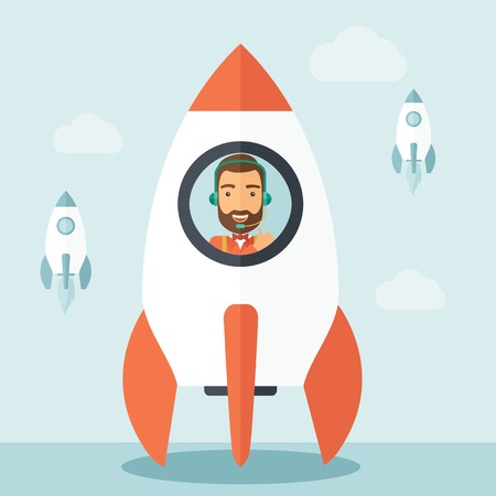 starting a business: A man with beard is happy inside the rocket it is a metaphor for starting a business, new beginning. On-line start up business concept. A Contemporary style with pastel palette, soft blue tinted background with desaturated clouds. Vector flat design illu