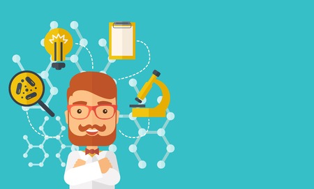 格好良い知的な男性は 医学的研究について考えています パステル カラーのパレットと現代的なスタイルは 柔らかい緑背景を彩色しました ベクトル フラットなデザイン イラスト 右側のテキスト領域と水平方向のレイアウト のイラスト素材 ベクタ Image