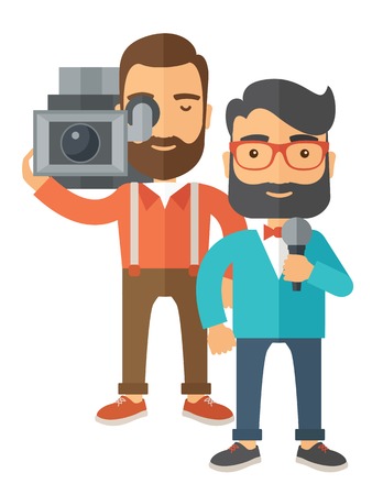A Professional Caucasian Journalist And News Reporter With Video Camera Microphone Broadcasting Contemporary A Professional Caucasian Journalist And News Reporter With Video Camera Microphone Broadcasting Contemporary