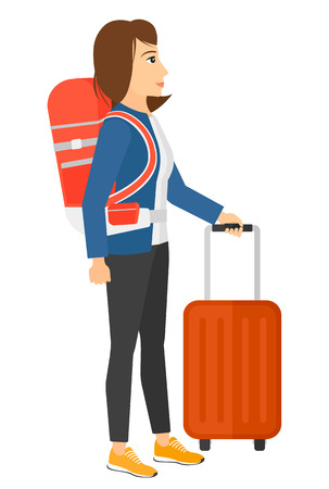 白い背景で隔離のスーツケース ベクトル フラット デザイン イラスト入れて歩いている男 のイラスト素材 ベクタ Image