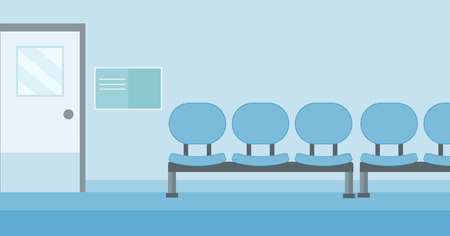 椅子やドア ベクトル フラット デザイン イラストで病院の廊下の背景 水平方向のレイアウト のイラスト素材 ベクタ Image