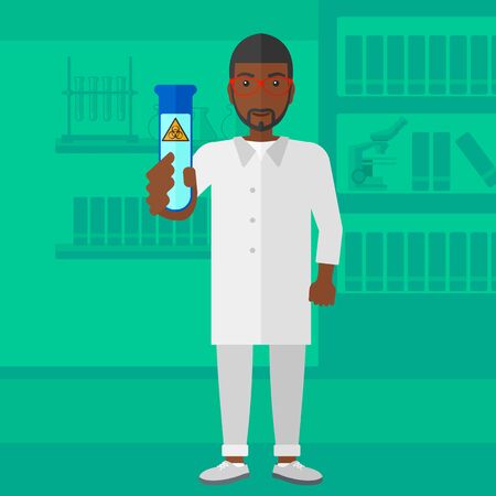 バイオハザードと試験管を持ってアジア研究室アシスタントは研究所背景ベクトル フラット デザイン イラストにサインオンします 正方形のレイアウト の イラスト素材 ベクタ Image