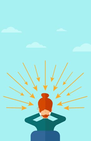 青空ベクトル フラットなデザインのイラストの背景に彼の頭にいくつかの矢印の Poinded に座っている男の後姿 正方形のレイアウト のイラスト素材 ベクタ Image