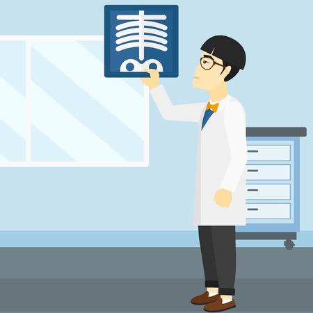 医師 レントゲン写真を調べるします 医師は 診療所での胸部を見てします 医師は スケルトンのレントゲン写真を観察します ベクター背景に分離されたサークルでフラットなデザイン イラスト のイラスト素材 ベクタ Image