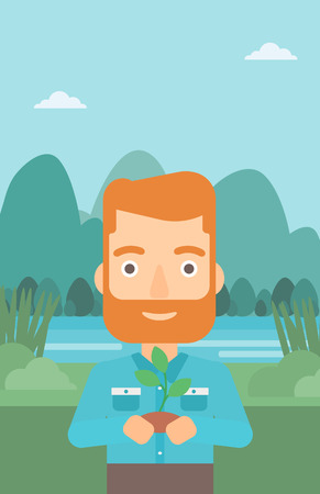 小さな植物の土中の山並みや川ベクトル フラットなデザインのイラストの背景に手で保持するひげと流行に敏感な男 縦型レイアウト のイラスト素材 ベクタ Image 小さな植物の土中の山並みや川ベクトル フラットなデザインのイラストの背景に手で保持するひげと流行に敏感な男 縦型レイアウト のイラスト素材 ベクタ Image