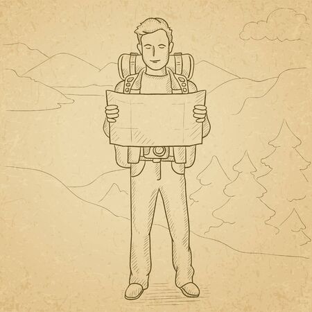 山でのハイキング マップを持つ男 手描きベクター スケッチ イラスト 古いビンテージ背景を紙します のイラスト素材 ベクタ Image