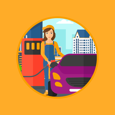 アフリカ系アメリカ人のガソリン スタンドの労働者が車を給油します ガソリン スタンド員の車に燃料を充填します ガソリン スタンドで作業服の労働者 ベクトル フラットなデザイン イラストは 白い背景で隔離 のイラスト素材 ベクタ Image