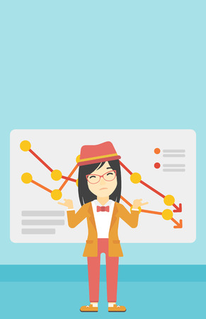 グラフの低下とともに掲示板の背景に立っている若いアジア ビジネス女性を強調しました 倒産の概念 ベクトル フラットなデザイン イラスト 縦 型レイアウト のイラスト素材 ベクタ Image