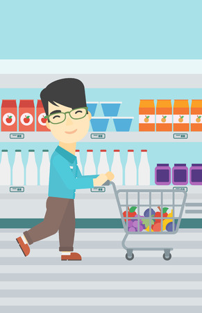 それでいくつかの商品をスーパーのカートを押して アジアの若い男 お客様のカートとスーパーで買い物 ベクトル フラットなデザイン イラスト 縦型レイアウト のイラスト素材 ベクタ Image