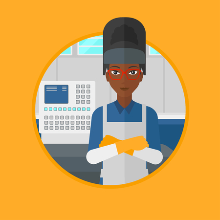 工場ワーク ショップに立ってアフリカ溶接機です 腕と工業労働者は コントロール パネルの背景に立っているを渡った ベクター背景に分離されたサークルでフラットなデザイン イラスト のイラスト素材 ベクタ Image 63090255