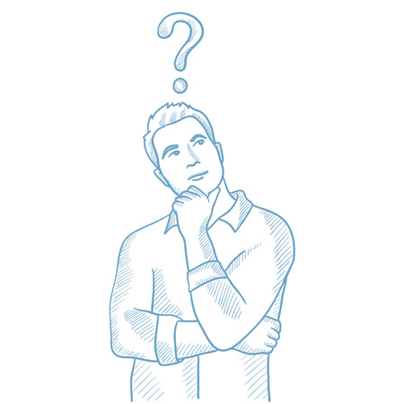 Pensamiento de negocios con signo de interrogación sobre su cabeza. pensamiento joven empresario. Hombre de negocios pensativo que se coloca bajo el signo de interrogación. Ilustración dibujados a mano dibujo vectorial sobre fondo blanco. Foto de archivo - 66413391