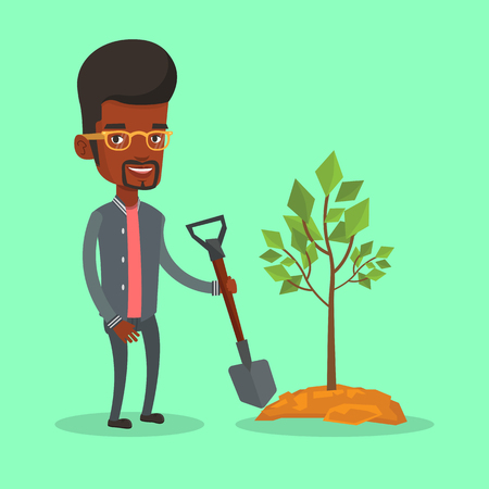 An african-american man plants a tree. Cheerful man standing with shovel near newly planted tree. Young man gardening. Environmental protection concept. Vector flat design illustration. Square layout.