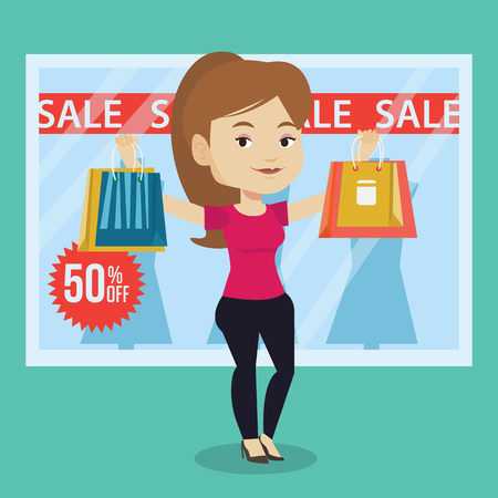 ショッピング バッグの販売記号で服屋の前に立っている白人女性 テキスト販売と店舗の前に買い物袋を持った女性 ベクトル フラットなデザイン イラスト 正方形のレイアウト のイラスト素材 ベクタ Image