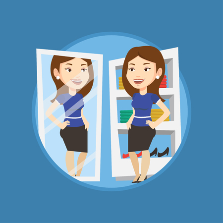 楽屋で鏡で見ている若い女性 女性更衣室でスカートにしようとしています ドレッシング ルームで服を選ぶ女性 ベクター背景に分離されたサークルでフラットなデザイン イラスト のイラスト素材 ベクタ Image