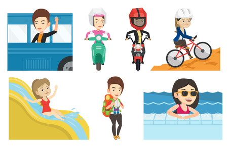 白人女性はバスによって彼女の旅行を楽しみます バスの窓から手を振って乗客 バスの窓から覗いて 手を振っている女性 ベクトル フラットなデザインのイラスト が白い背景で隔離のセット のイラスト素材 ベクタ Image