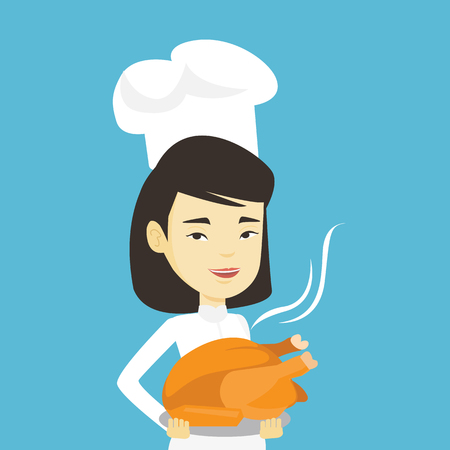 ユニフォームとキャップのロースト チキンを持ってアジア料理長 丸ごと焼き地鶏料理長 揚げたてのチキン プレートを保持している主なコック ベクトル フラットなデザイン イラスト 正方形のレイアウト のイラスト素材 ベクタ Image