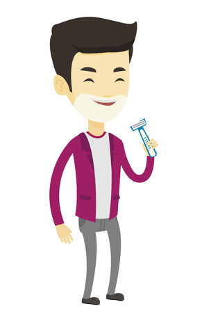 彼の顔を剃る男 彼の顔とかみそりでシェービング クリームを手で男します 男は毎日剃るのための顔を準備中します 毎日の衛生の概念 ベクトル フラットなデザイン イラストは 白い背景で隔離 のイラスト素材 ベクタ Image