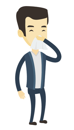 紙ナプキンに彼の鼻を吹く若い白人男 病気の人は くしゃみ アレルギーを持つ組織に彼の鼻を吹く体調不良男 ベクトル フラットなデザイン イラストは 白い背景で隔離 のイラスト素材 ベクタ Image 66185844