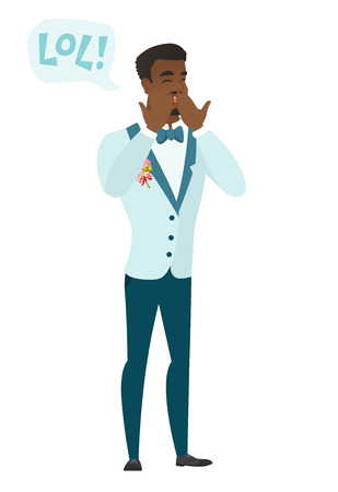若いアフリカ系アメリカ人の新郎は大声で笑って 新郎スピーチ泡本文 大爆笑です 新郎を大声で笑うと 彼の口を覆っています ベクトル フラットなデザイン イラストは 白い背景で隔離 のイラスト素材 ベクタ Image
