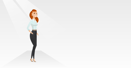 白人女性がファッションショーのキャットウォークでポーズします モデル ファッション ウィーク中にキャットウォークを歩きます キャットウォークのファッションショーの中に立っている女性 ベクトル フラットなデザイン イラスト 水平方向のレイアウト の 白人女性がファッションショーのキャットウォークでポーズします モデル ファッション ウィーク中にキャットウォークを歩きます キャットウォークのファッションショーの中に立っている女性 ベクトル フラットなデザイン イラスト 水平方向のレイアウト の